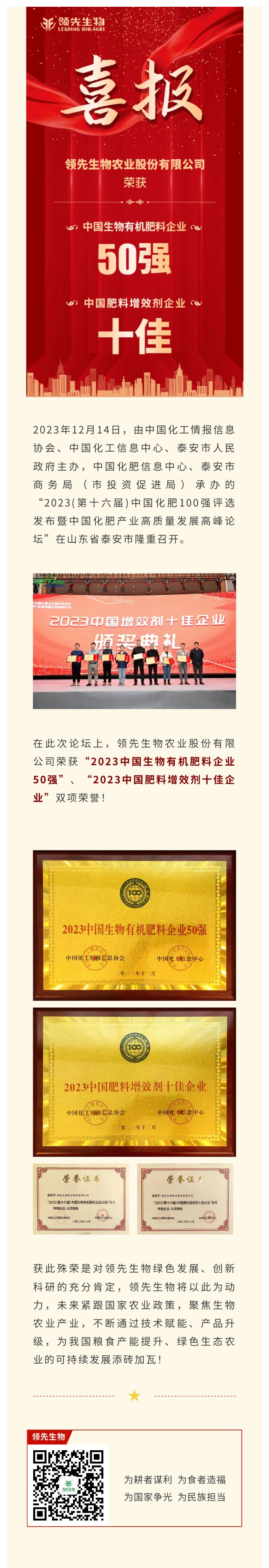 實(shí)力上榜 | 領(lǐng)先生物榮獲2023中國(guó)生物有機(jī)肥料企業(yè)50強(qiáng)！中國(guó)肥料增效劑十佳企業(yè)！